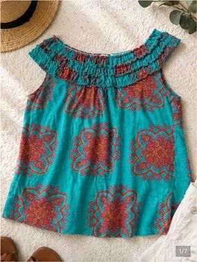 Anthropologie Turquoise Floral-Print Smocked Off-Shoulder Top